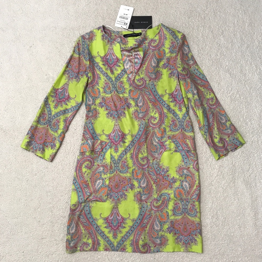 Zara Silk Tunic / Mini Dress Paisley Green Multicolor Pockets Size XS